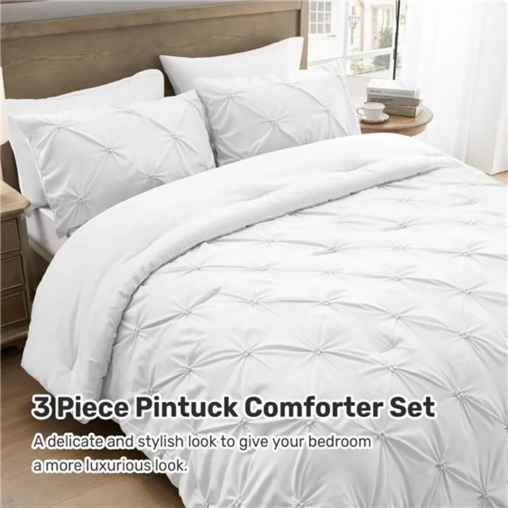 Queen Comforter Set White - Lightweight Soft Pintuck Down Alternative